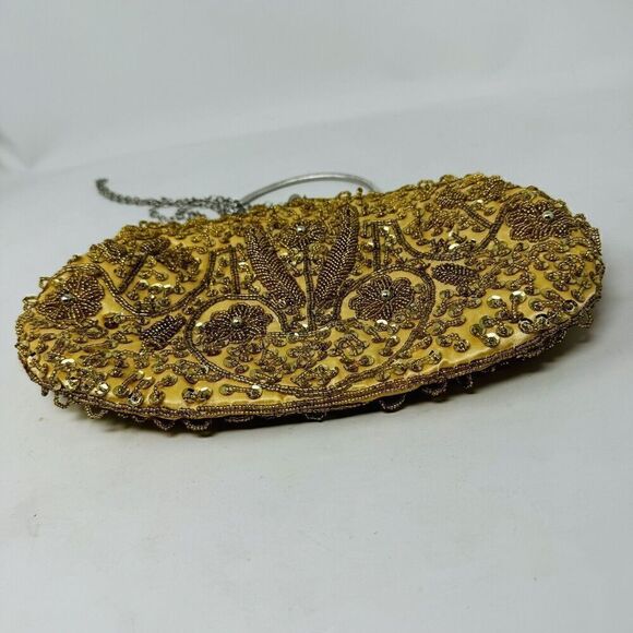 Beaded Sequin Gold Kiss Lock Satin‎ Interior, Chain Strap Evening Bag Handbag - Picture 7 of 8